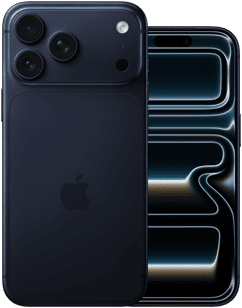 Côte à côte, iPhone 17 Pro Max, face arrière, système caméra Pro, 3 objectifs, micro, flash, finition bleu intense, iPhone 17 Pro, face avant design tout écran, finition bleu intense