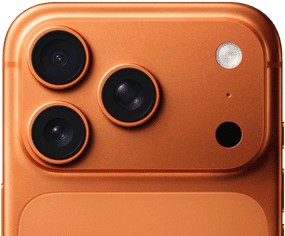 iPhone 17 Pro, orange cosmique, vue partielle de la face arrière, système caméra pro dans le coin supérieur gauche, 3 objectifs, micro, flash