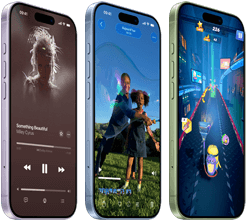 Plusieurs iPhone 17, face avant, côté, présentant Apple Music, une lecture vidéo, des jeux vidéo, boutons : Action, réglage du volume