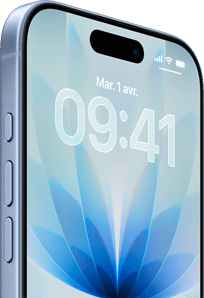 iPhone 17, face avant, couleur brume, Dynamic Island centré, boutons : bouton action, réglage du volume