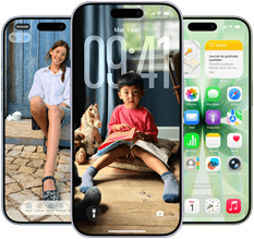 iPhone 17, face avant, Dynamic Island centré vers le haut, trois couleurs : brume, lavande, sauge