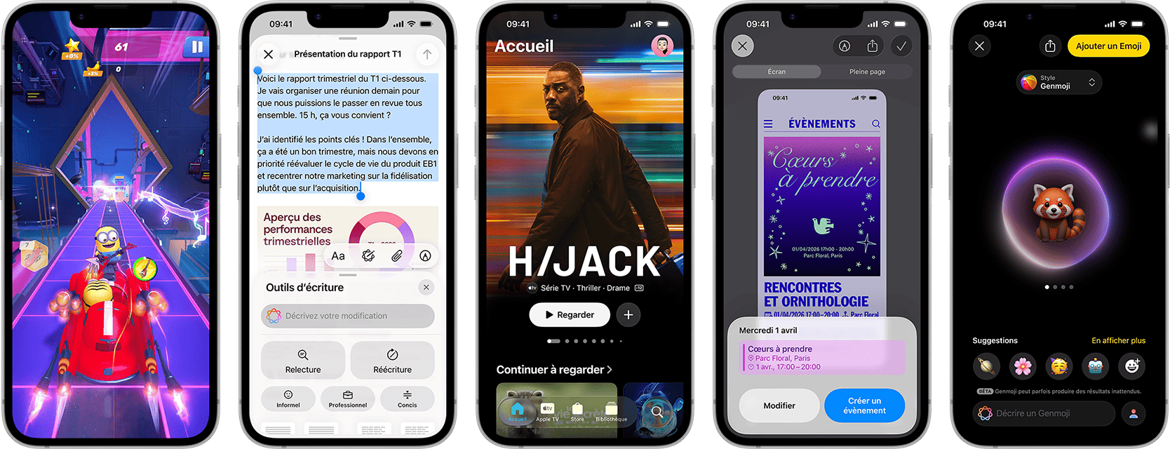 Plusieurs iPhone 17e côte à côte affichant des écrans différents : un jeu en cours d’utilisation, les Outils d’écriture, l’app Apple TV, la création d’un évènement de calendrier et d’un Genmoji