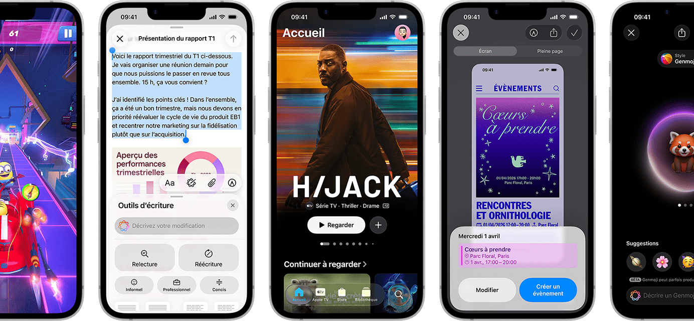 Plusieurs iPhone 17e côte à côte affichant des écrans différents : un jeu en cours d’utilisation, les Outils d’écriture, l’app Apple TV, la création d’un évènement de calendrier et d’un Genmoji