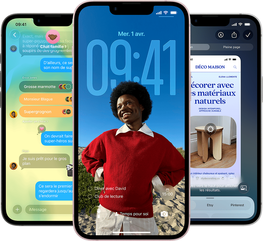 Trois iPhone&nbsp;17e affichant l&rsquo;app Messages avec le design Liquid&nbsp;Glass, l&rsquo;&eacute;cran verrouill&eacute; dynamique et Intelligence visuelle en cours d&rsquo;utilisation