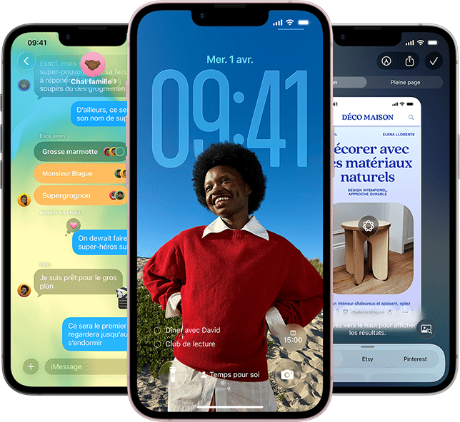 Trois iPhone&nbsp;17e affichant l&rsquo;app Messages avec le design Liquid&nbsp;Glass, l&rsquo;&eacute;cran verrouill&eacute; dynamique et Intelligence visuelle en cours d&rsquo;utilisation