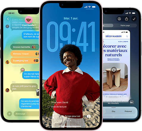 Trois iPhone&nbsp;17e affichant l&rsquo;app Messages avec le design Liquid&nbsp;Glass, l&rsquo;&eacute;cran verrouill&eacute; dynamique et Intelligence visuelle en cours d&rsquo;utilisation