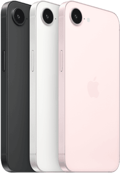 iPhone 17e, faces latérale et arrière, coloris noir, faces latérale et arrière, coloris blanc, faces latérale et arrière, coloris rose pastel, caméra Fusion en haut, bouton latéral