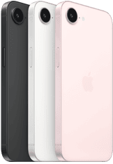iPhone 17e, faces latérale et arrière, coloris noir, faces latérale et arrière, coloris blanc, faces latérale et arrière, coloris rose pastel, caméra Fusion en haut, bouton latéral