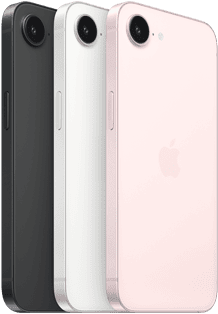 iPhone 17e, faces latérale et arrière, coloris noir, faces latérale et arrière, coloris blanc, faces latérale et arrière, coloris rose pastel, caméra Fusion en haut, bouton latéral