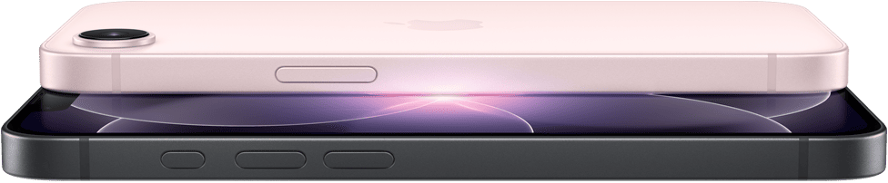 iPhone 17e, vue horizontale, faces latérale et arrière, coloris rose pastel, iPhone 17e, vue horizontale, faces latérale et arrière, coloris noir