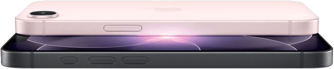 iPhone 17e, vue horizontale, faces latérale et arrière, coloris rose pastel, iPhone 17e, vue horizontale, faces latérale et arrière, coloris noir