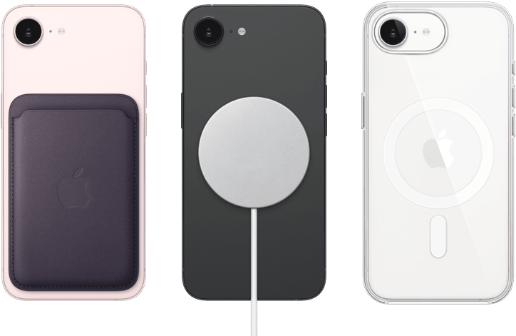 iPhone 17e, face arrière, coloris rose pastel, Porte-cartes en tissage fin avec MagSafe fixé, iPhone 17e, face arrière, coloris noir, Chargeur MagSafe fixé, iPhone 17e, face arrière, coloris blanc, coque transparente avec MagSafe fixée