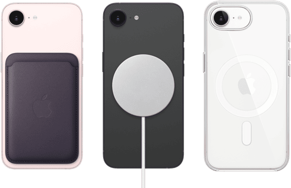 iPhone 17e, face arrière, coloris rose pastel, Porte-cartes en tissage fin avec MagSafe fixé, iPhone 17e, face arrière, coloris noir, Chargeur MagSafe fixé, iPhone 17e, face arrière, coloris blanc, coque transparente avec MagSafe fixée