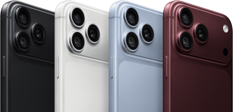 Plusieurs iPhone 18 Pro alignés, face arrière, dans les quatre finitions : bordeaux, glacier, argent, noir, système caméra Pro Fusion dans le coin supérieur gauche, 3 objectifs, micro, flash