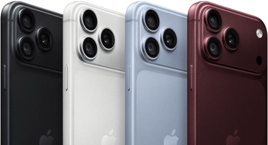 Plusieurs iPhone 18 Pro alignés, face arrière, dans les quatre finitions : bordeaux, glacier, argent, noir, système caméra Pro Fusion dans le coin supérieur gauche, 3 objectifs, micro, flash