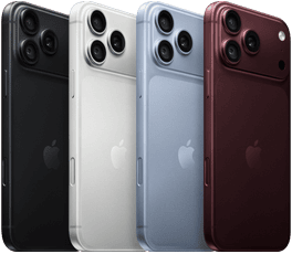 Plusieurs iPhone 18 Pro alignés, face arrière, dans les quatre finitions : bordeaux, glacier, argent, noir, système caméra Pro Fusion dans le coin supérieur gauche, 3 objectifs, micro, flash