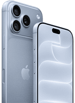 iPhone, coloris glacier (bleu clair), vue arrière montrant le Ceramic Shield, le système caméra à trois objectifs