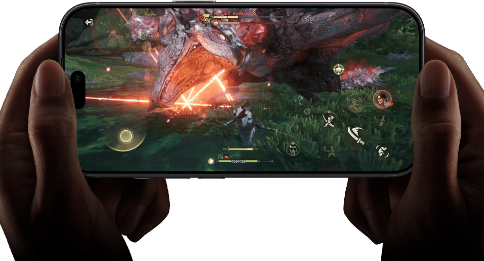 iPhone 18 Pro, face avant, montrant les performances de la puce A20 Pro avec une scène de Monster Hunter Outlanders