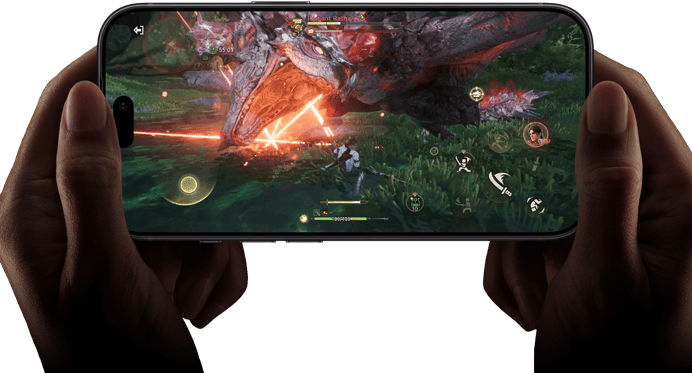 iPhone 18 Pro, face avant, montrant les performances de la puce A20 Pro avec une scène de Monster Hunter Outlanders