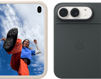 iPhone Duo, finition blanc stellaire dans une coque en silicone sable, mode paysage, entièrement ouvert en position horizontale, double caméra Fusion en haut à gauche, une coque recouvre la face extérieure arrière et le bord de l’écran interne, le côté droit présente l’écran externe affichant l’image d’une personne. iPhone Duo, finition blanc stellaire, appuyé sur le Folio marine avec support, complètement ouvert à l’horizontale ; la face extérieure arrière met en évidence la double caméra Fusion 48 MP, deux objectifs