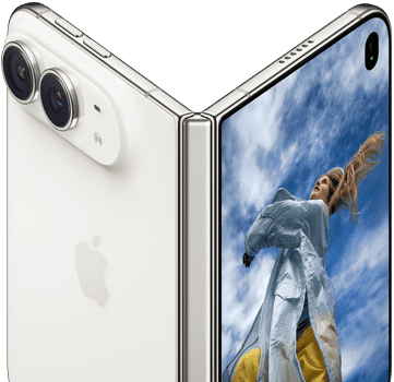 iPhone Duo, entrouvert à la manière d’un livre, mécanisme de la charnière au centre, volet extérieur arrière à gauche avec logo Apple et double caméra, écran externe à droite affichant le portrait d’une personne blonde