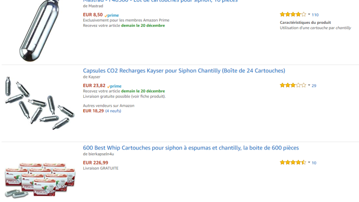 La vente de capsules de protoxyde d'azote est tout à fait légale en France. Elles sont notamment utilisées pour recharger les siphons à chantilly.