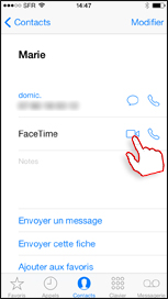 Emplacement du bouton FaceTime dans une fiche de contact