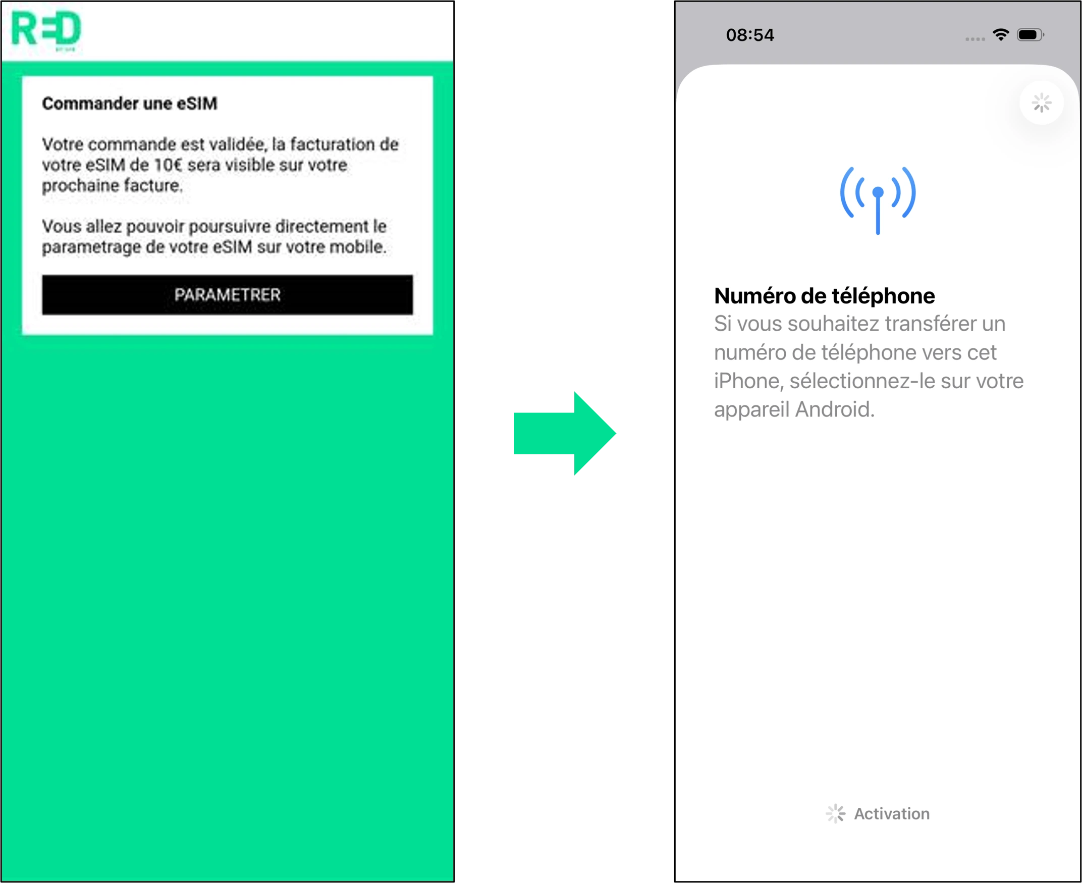 captures d'écrans qui illustrent les étapes 10 et 11 du parcours pour transférer une carte SIM d'un Google Pixel vers un iPhone et la transformer en eSIM