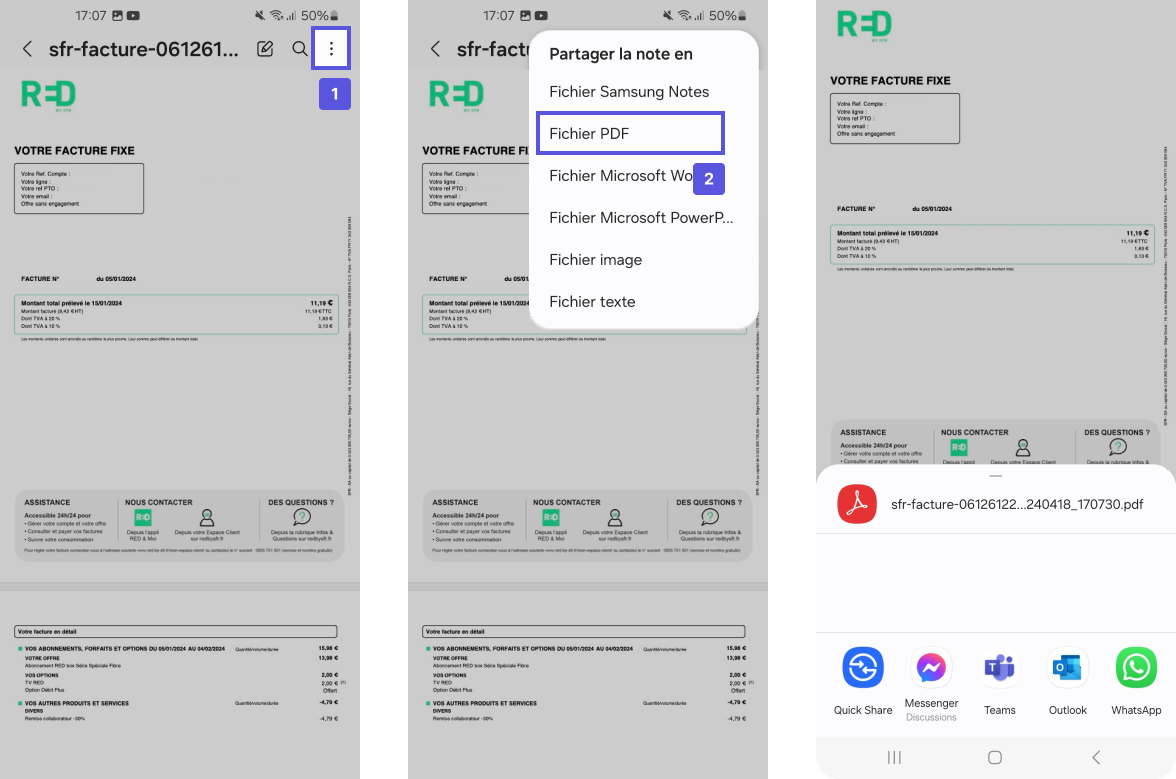 Capture  d'écran présentant le parcours pour envoyer une facture RED Box par e-mail depuis son application SFR & Moi avec un smartphone Android.