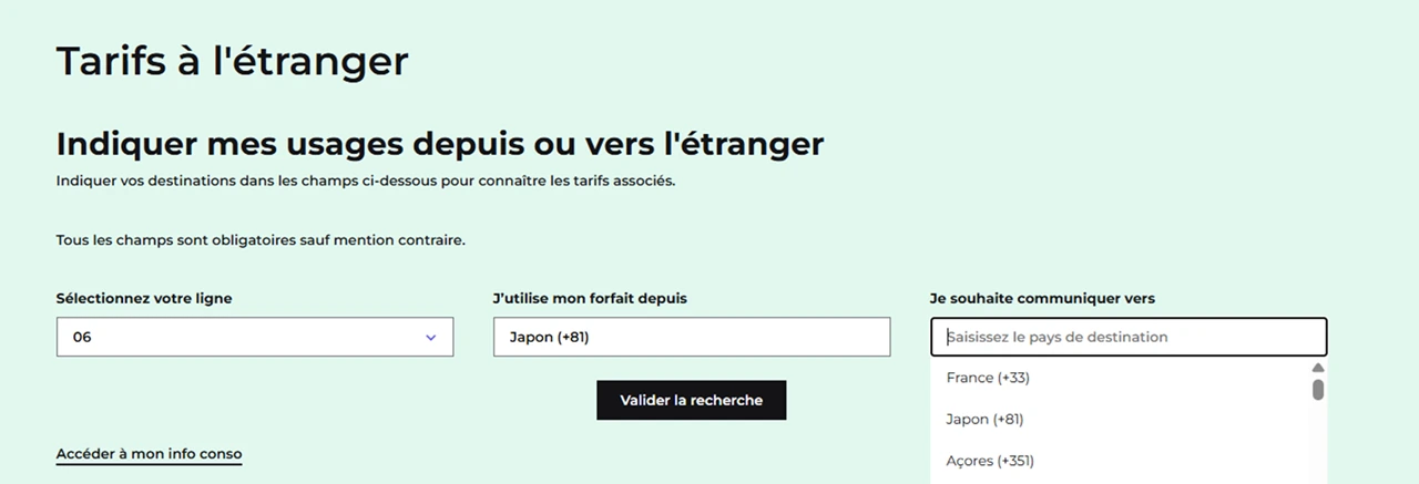 capture d'écran présentant la page dynamique permettant de visualiser les tarifs à l'international d'un pays vers un autre