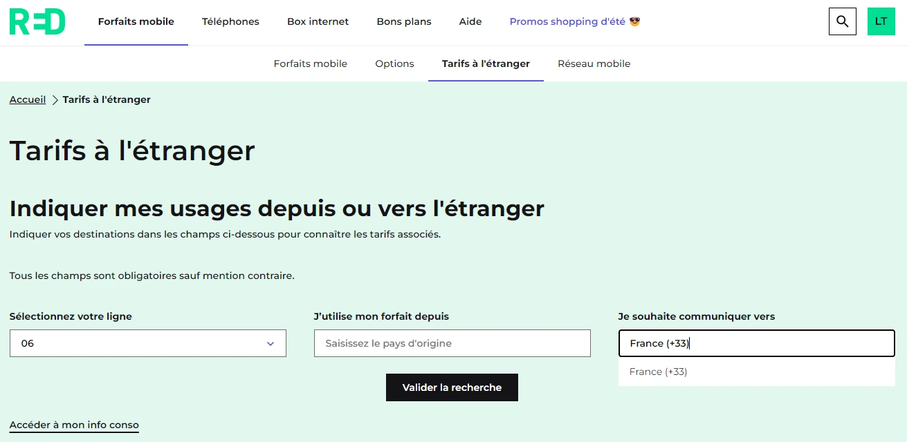 capture d'écran présentant la page dynamique permettant de visualiser les tarifs à l'international d'un pays vers un autre