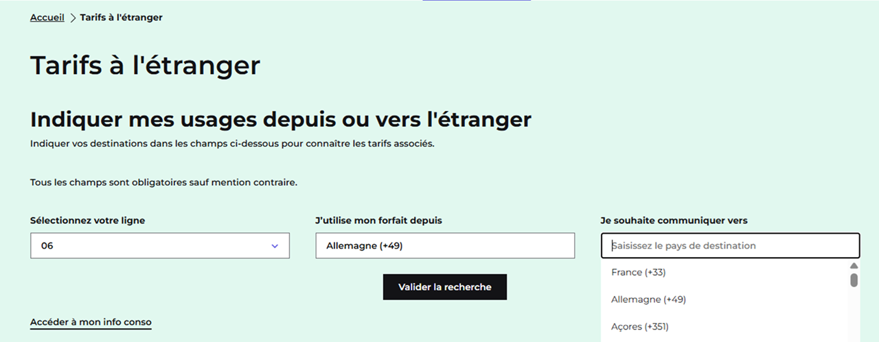 capture d'écran présentant la page dynamique permettant de visualiser les tarifs à l'international d'un pays vers un autre