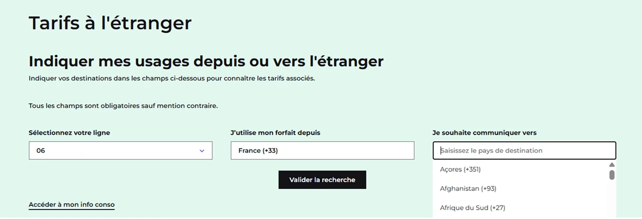 capture d'écran présentant la page dynamique permettant de visualiser les tarifs à l'international d'un pays vers un autre