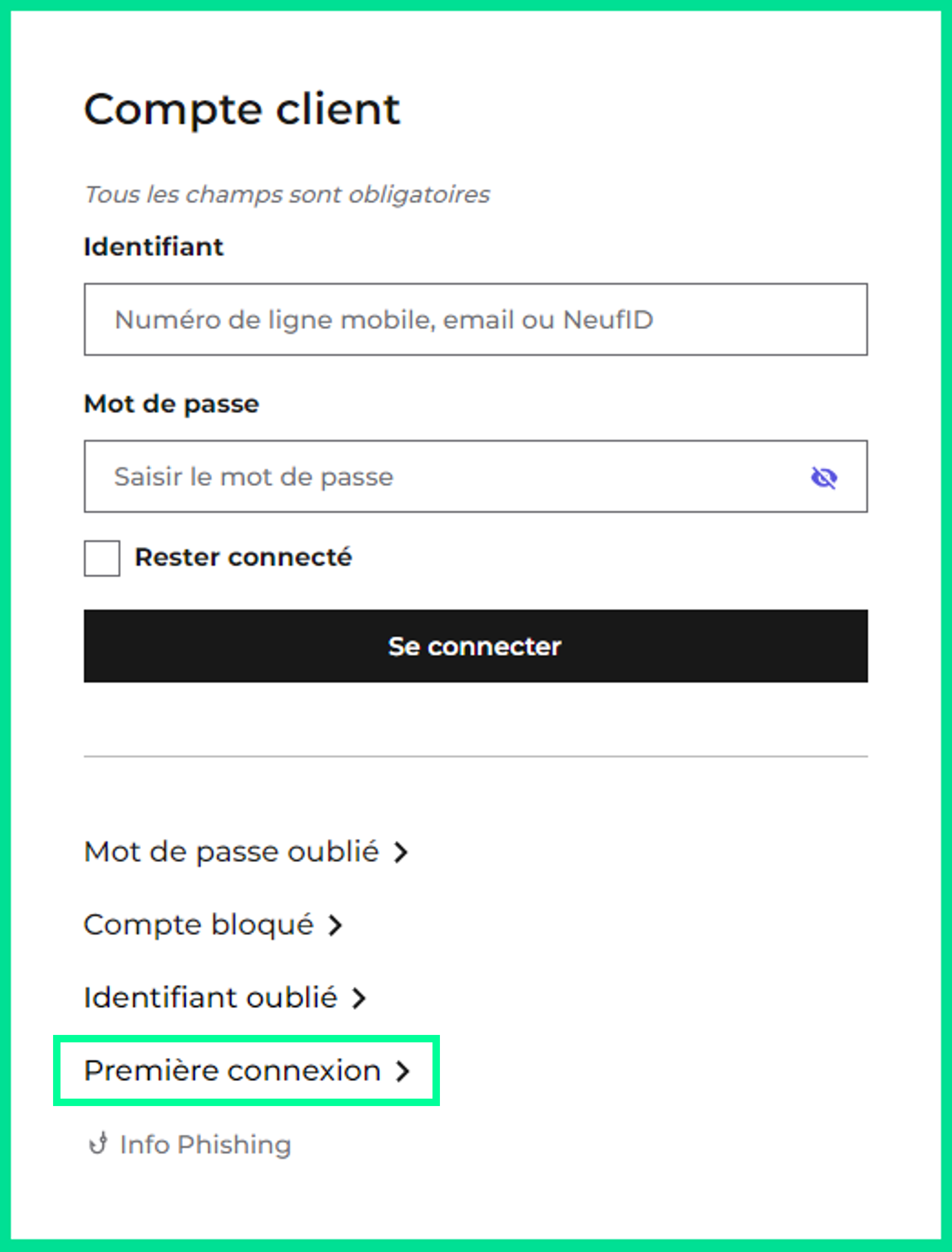 capture d'écran présentant l'emplacement du lien Première connexion