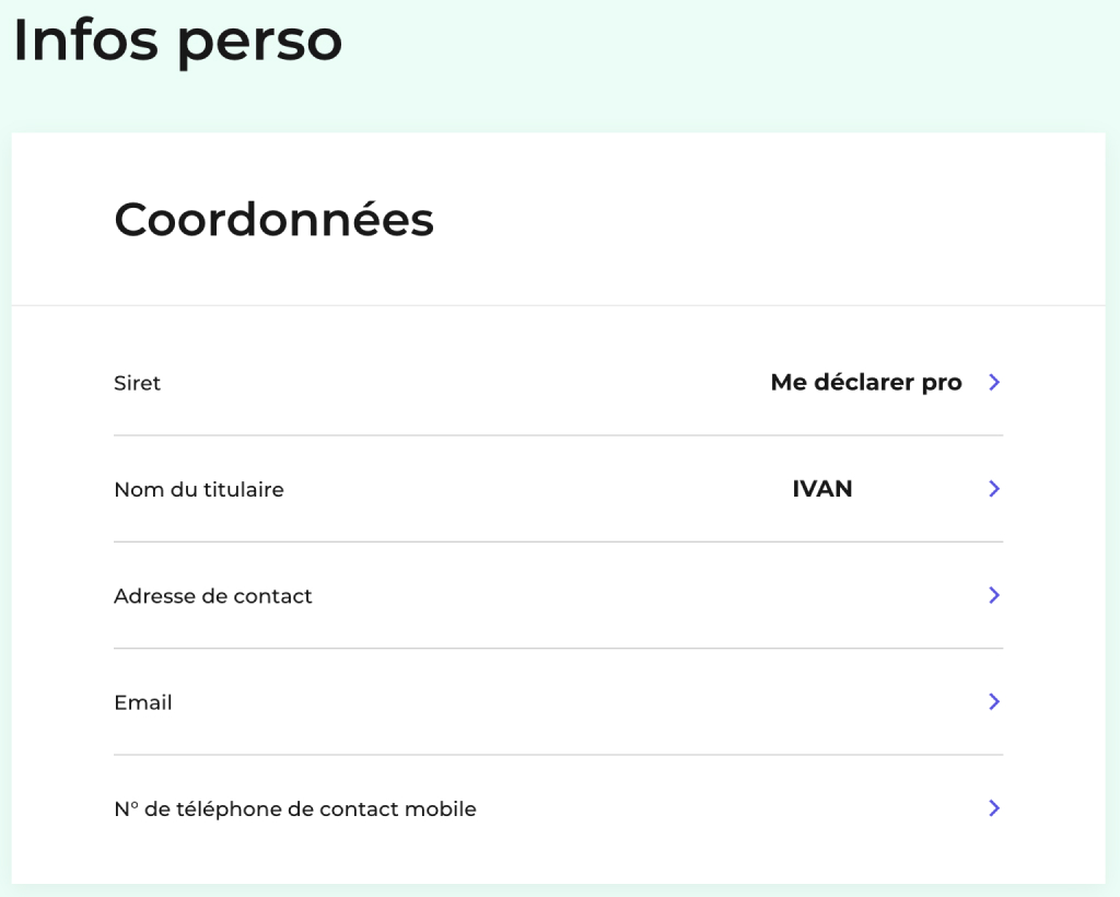 Visuel de la rubrique Infos perso et le champ Nom du titulaire