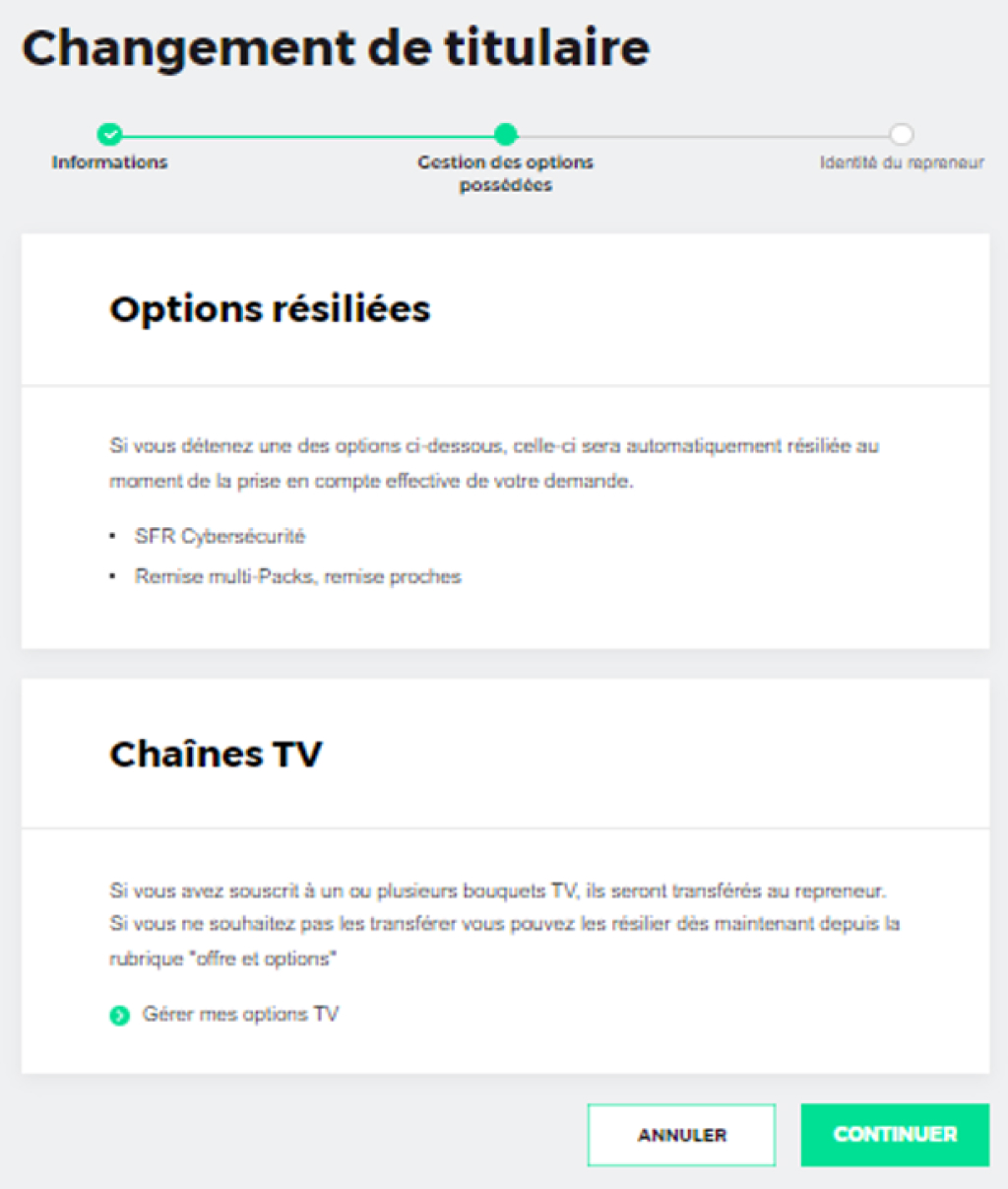 Visuel des options conservées ou résiliées à la suite de la cession de ligne