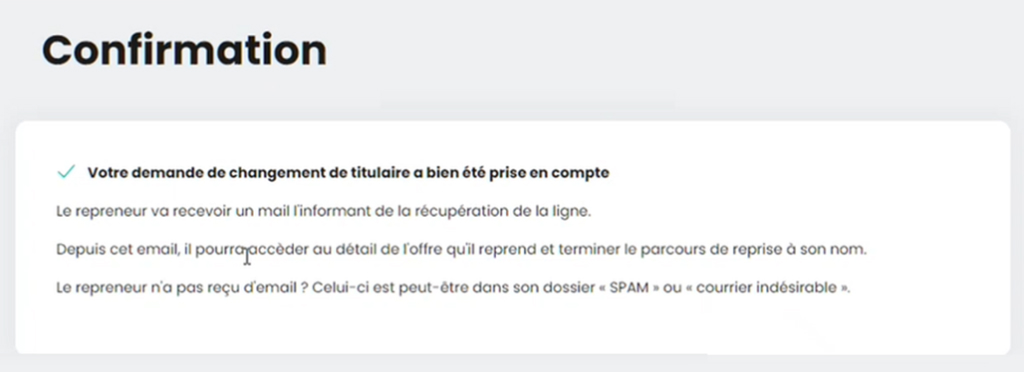 Visuel du message de confirmation concernant la prise en compte de la demande de changement de titulaire sur le Compte Client RED