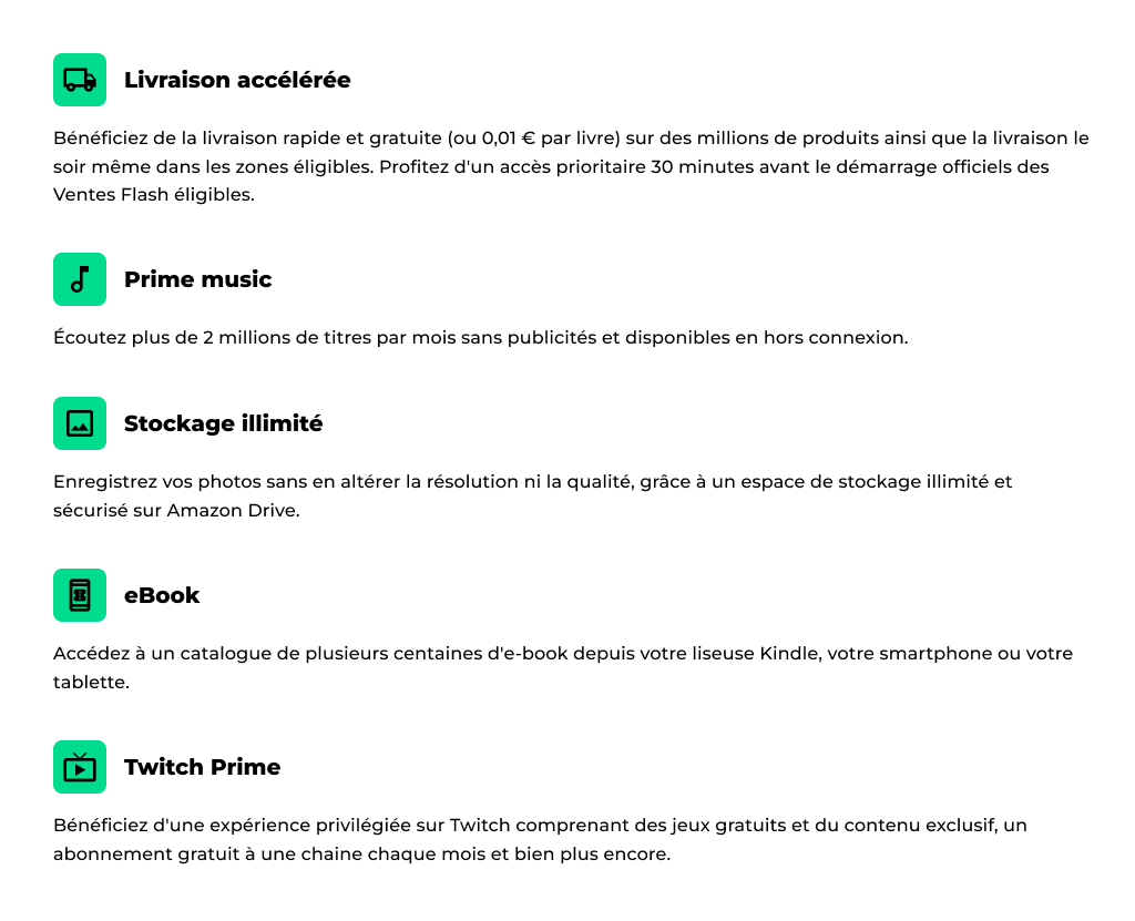 Visuel présentant les différents avantages de l'option Amazon Prime