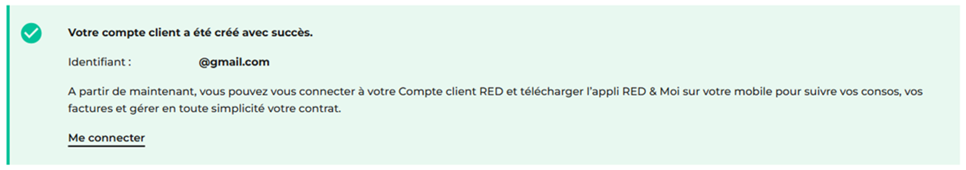 Capture d'écran finale du parcours de création du compte client RED.