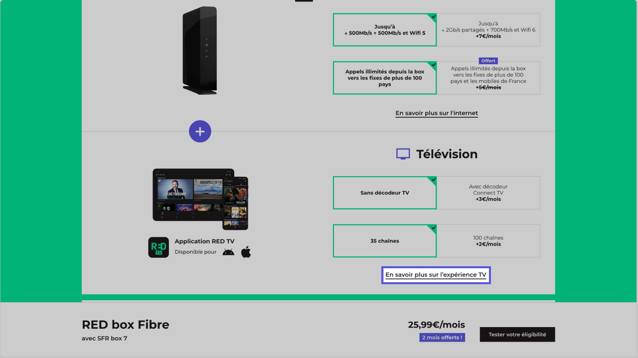 Visuel présentant l'entrée d'accès  au guide TV sur le site Internet RED