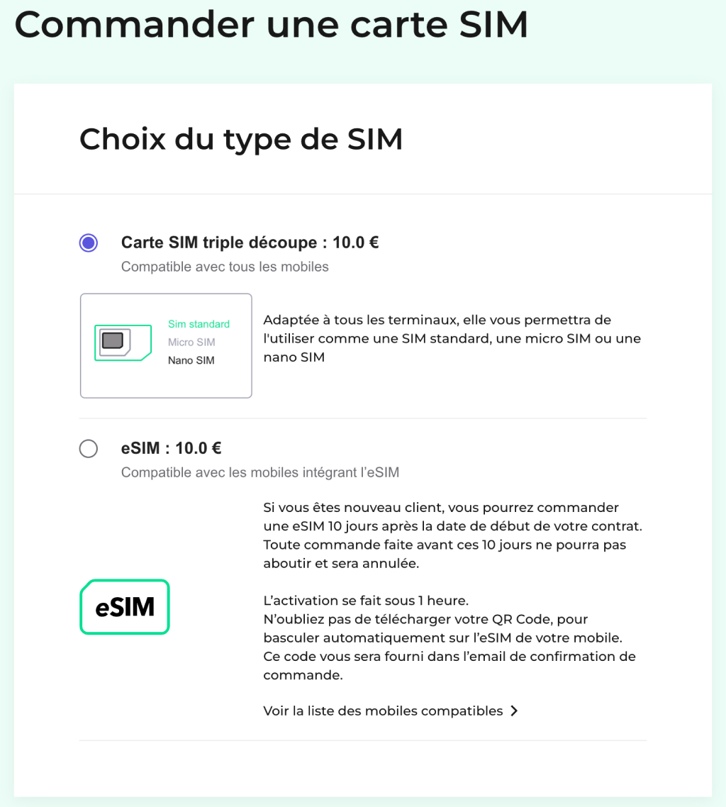 Visuel du champ à cocher poiur commande une carte SIM ou eSIM dans l'Espace Client RED