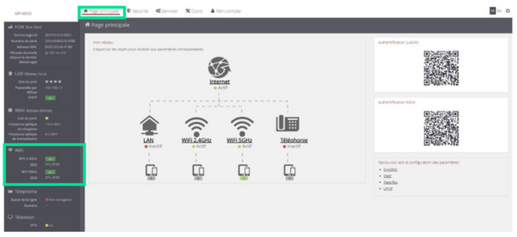 Visuel présentant l'onglet Page principale et le champ WiFi de l'interface Web de la box 7 Fibre