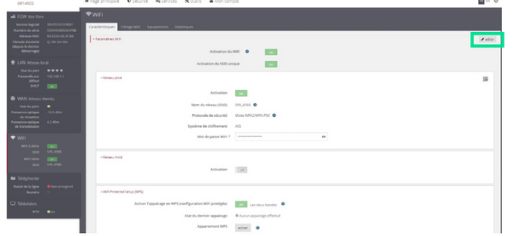 Visuel présentant le bouton Editer de l'interface Web de la box 7 Fibre
