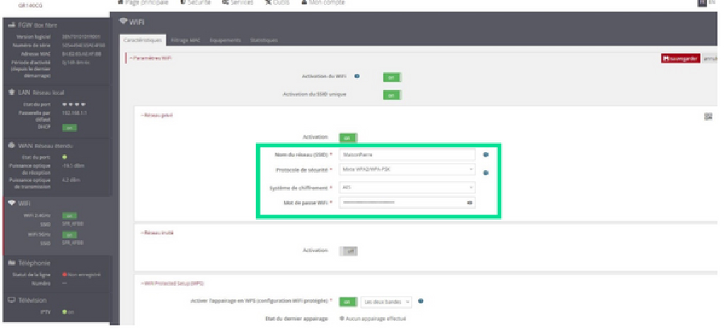 Visuel présentant les champs de paramétrage du réseau privé de l'interface Web de la box 7 Fibre