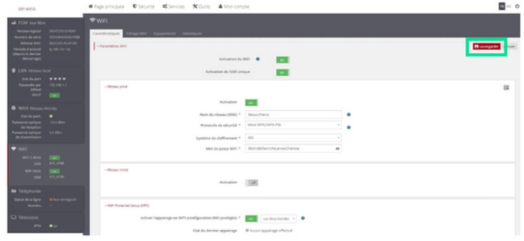 Visuel présentant le bouton Sauvergarder de l'interface Web de la box 7 Fibre