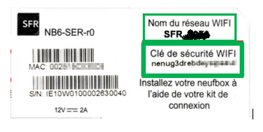 Visuel présentant l'étiquette collée sur la box NB6 avec les codes d'accès