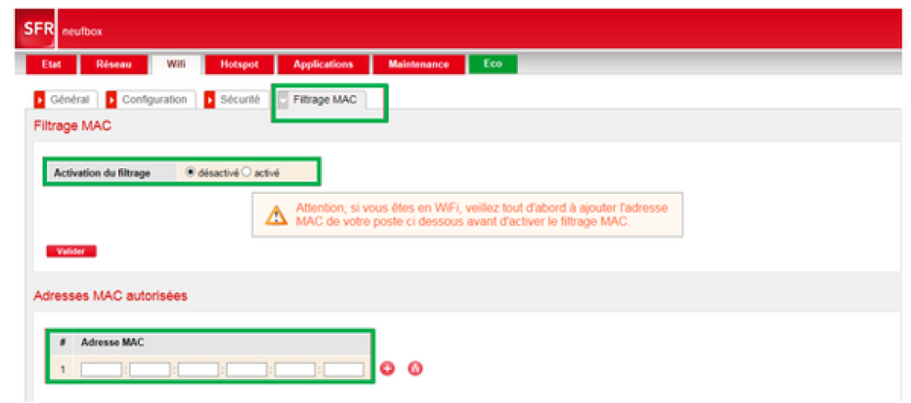 Visuel présentant l'onglet Filtrage Mac et le champ Activation du filtrage de l'interface Web de la box NB6