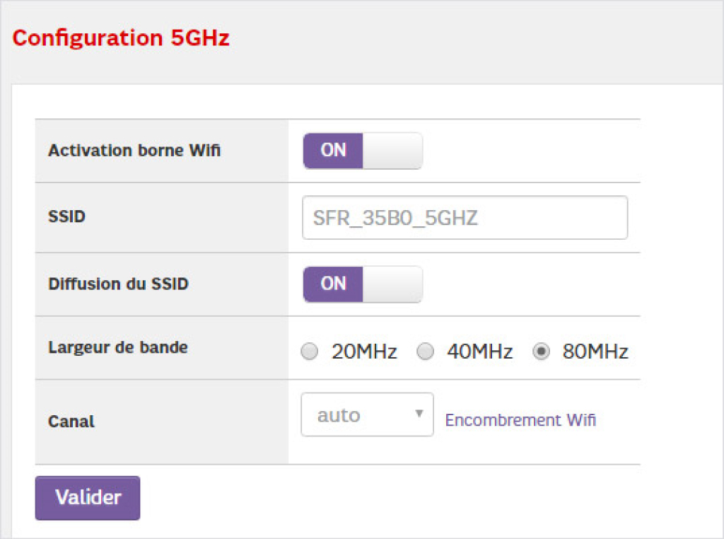 Visuel présentant la section de configuration du 5 GigaHertz depuis l'interface Web de la box Plus