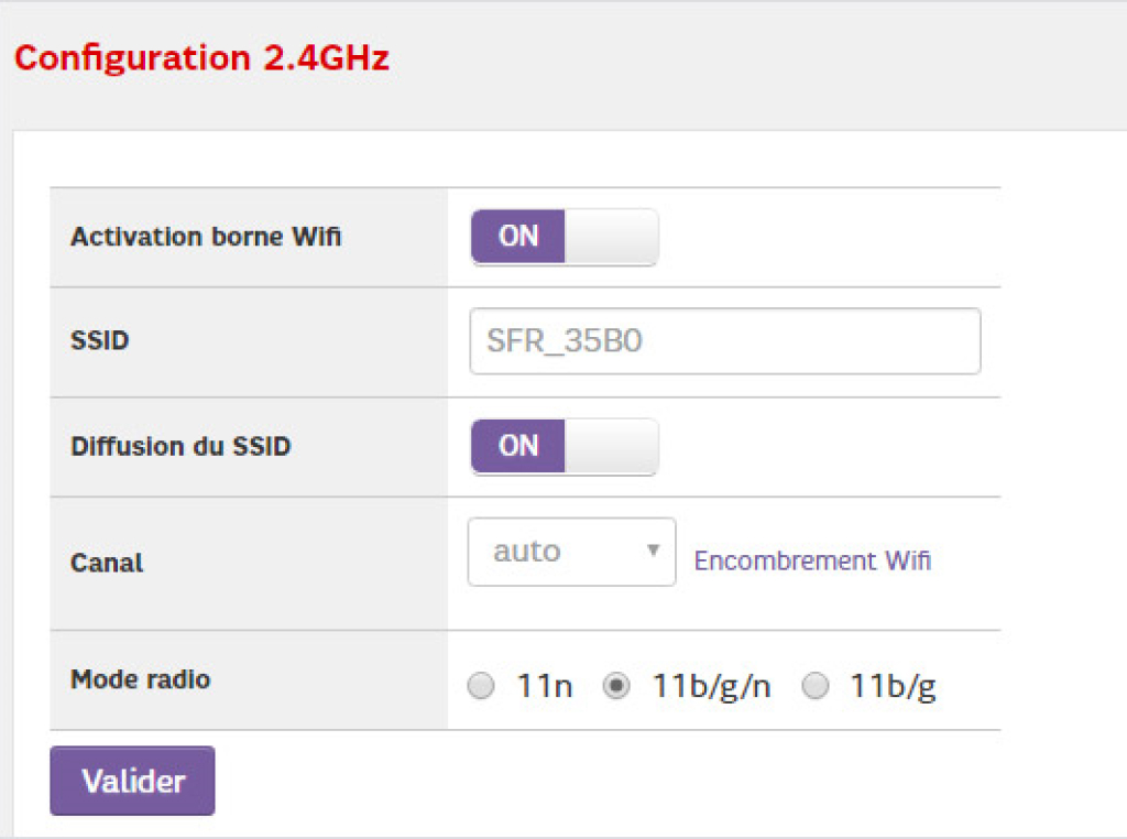 Visuel présentant la section de configuration du 2,4 GigaHertz depuis l'interface Web de la box Plus