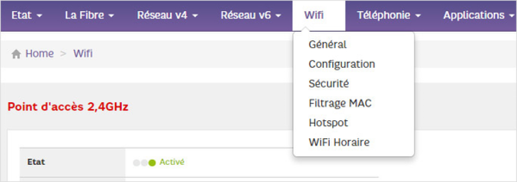 Visuel présentant l'onglet WiFi et ses sous-rubriques de l'interface Web de la box Plus